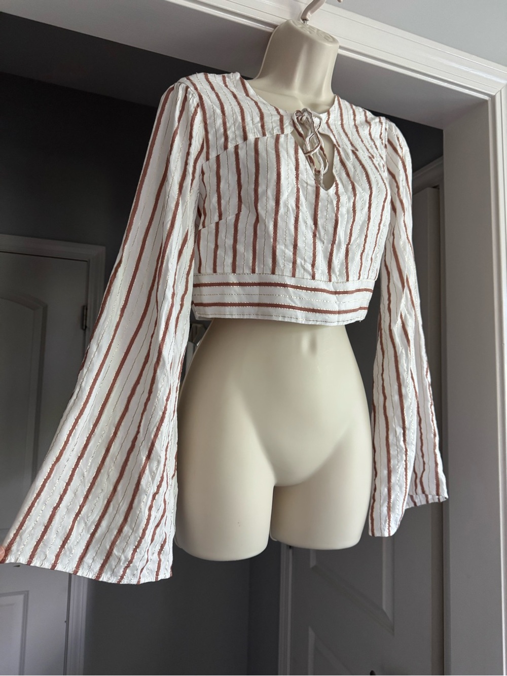 Tularosa Revolve White Brown Metallic Striped Cropped Peasant Long Sleeve Top S